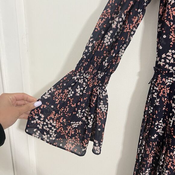 Michael Kors Georgette Shirt Dress Size XXS Navy Blue Floral Pleated Cheer Party - Picture 7 of 10